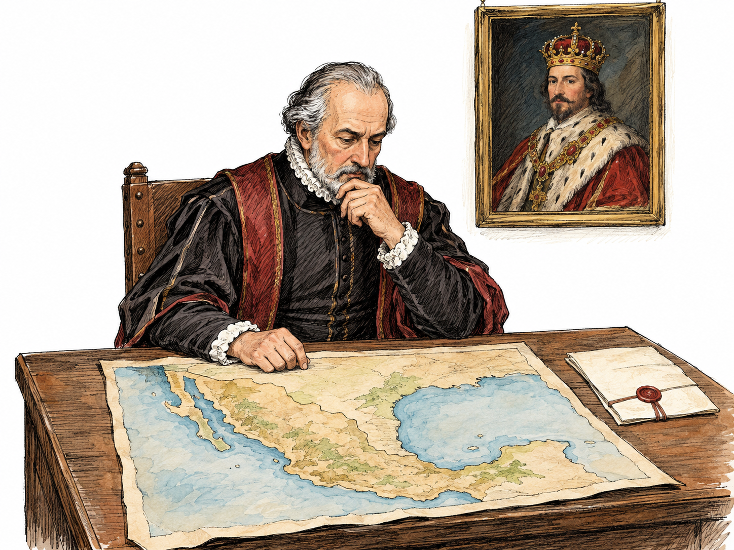 A seventeenth-century Spanish viceroy in New Spain administers a territory from a modest desk beneath a portrait of the distant crowned monarch he represents.