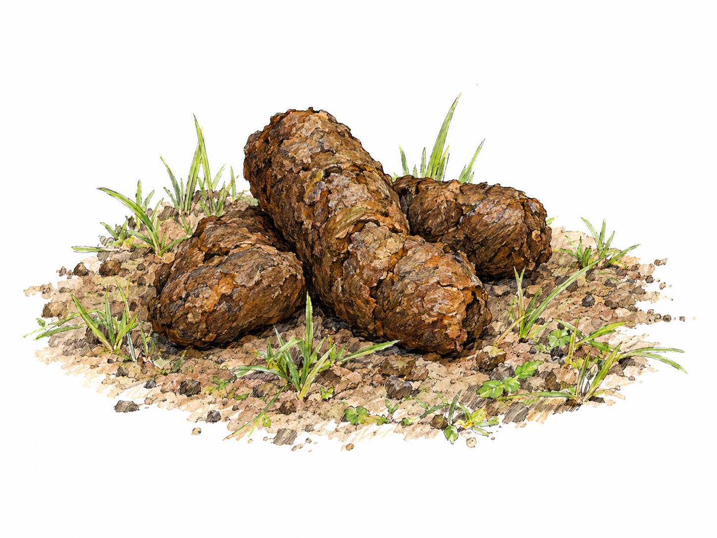 A small, irregular pile of brown feces on a sparse patch of grass and soil, shown plainly without people or decorative elements.