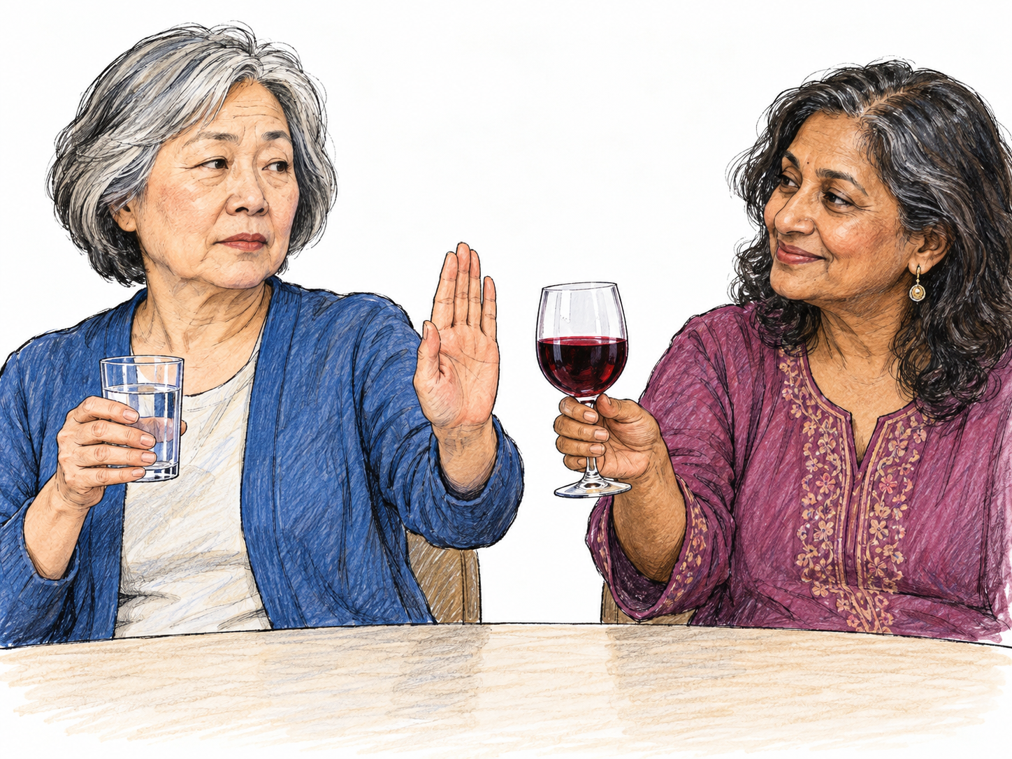 An older woman deliberately refuses an offered glass of wine with a clear open-palm gesture while holding her chosen water.