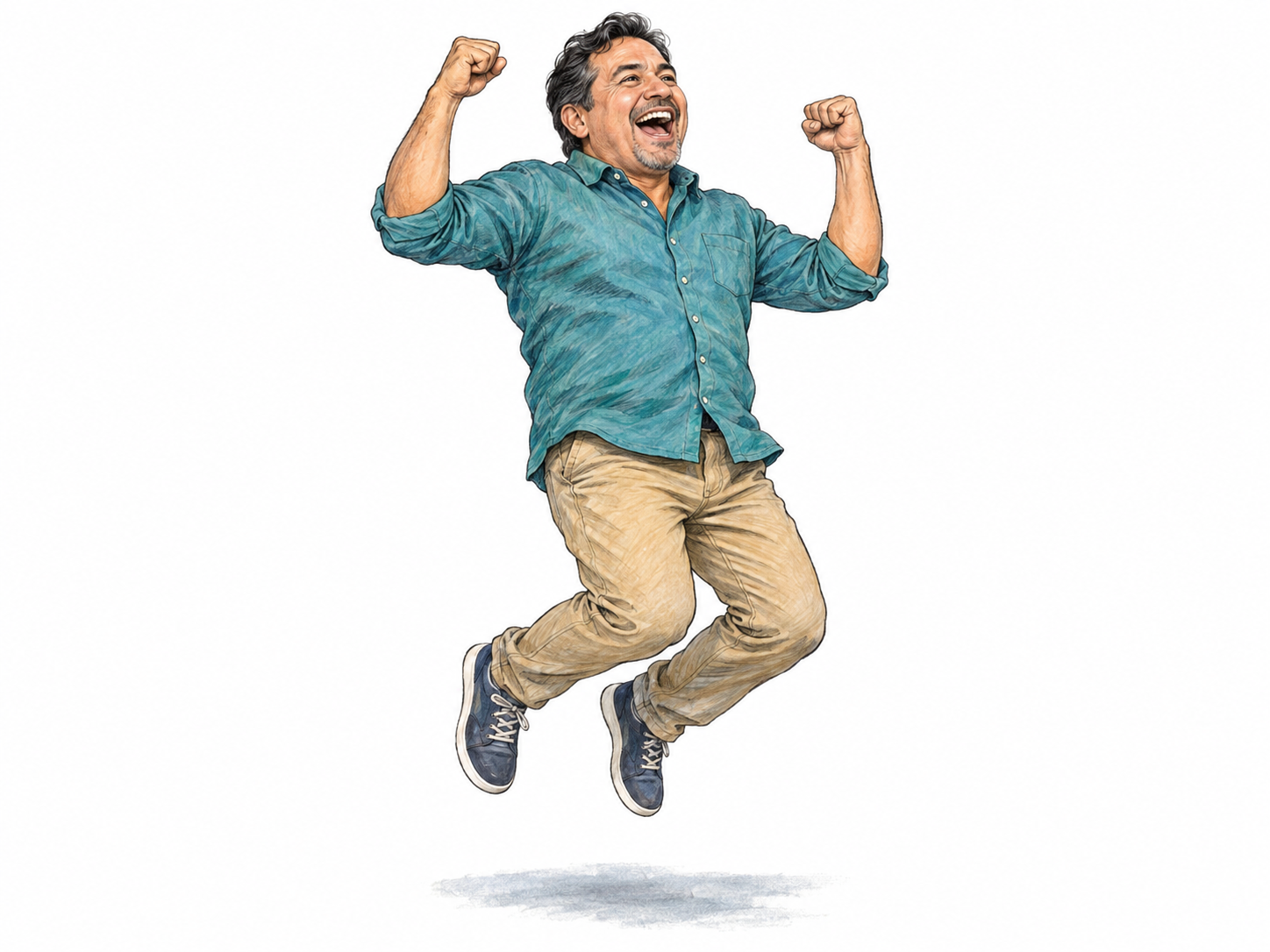 A man springs into a small celebratory jump, fists lifted and mouth wide open in an exuberant joyful cry.