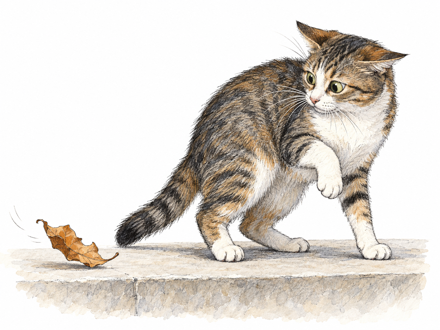 A skittish cat recoils from a single dry leaf blowing toward it, ears turned back and one forepaw lifted, ready to retreat.