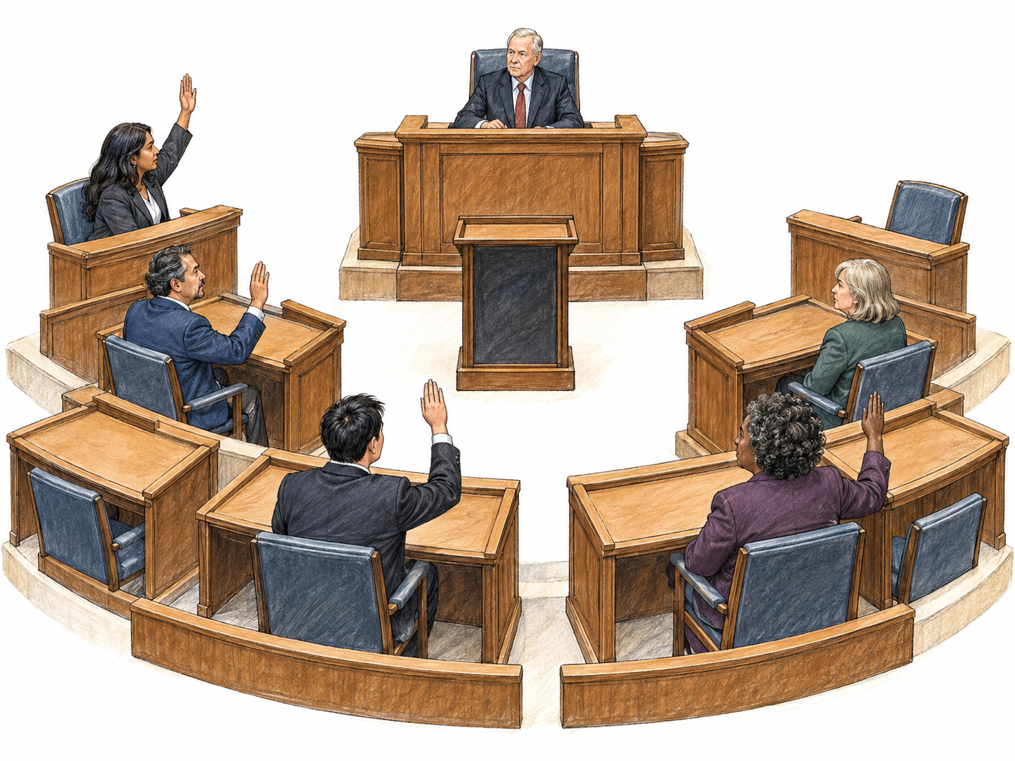 A formal legislative vote in a compact semicircular chamber, retaining the previously reviewed staging and cast while eliminating unnecessary documents that attracted incidental writing.