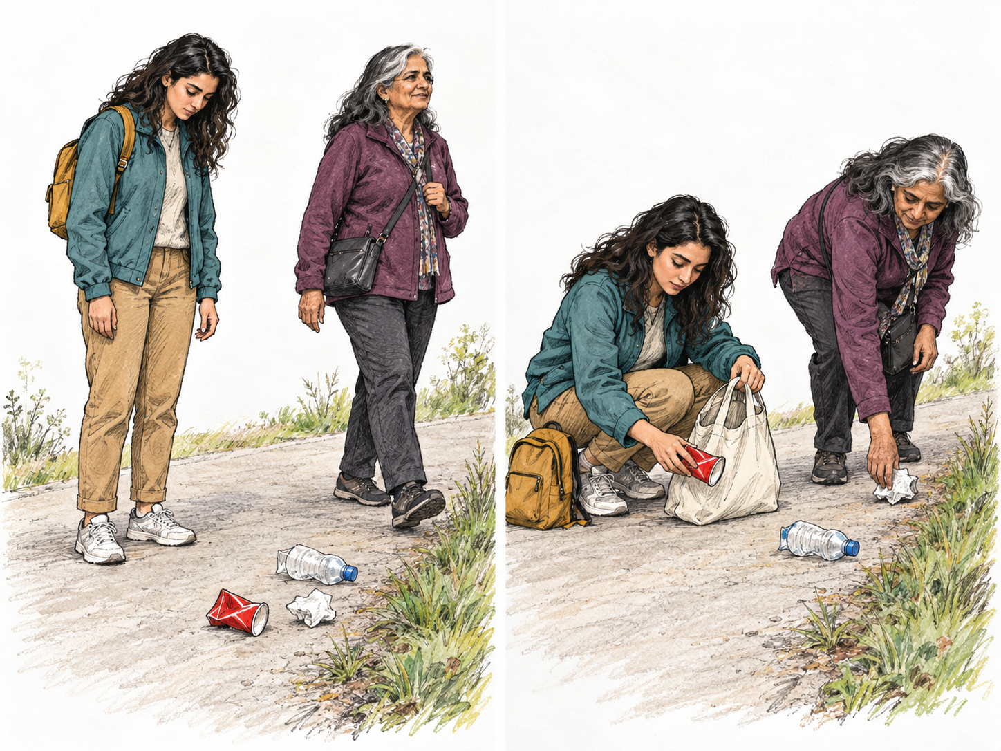 A compact two-moment scene shows a woman interrupting her own park walk to start collecting scattered litter, while her companion initially continues walking and then turns back to join her.
