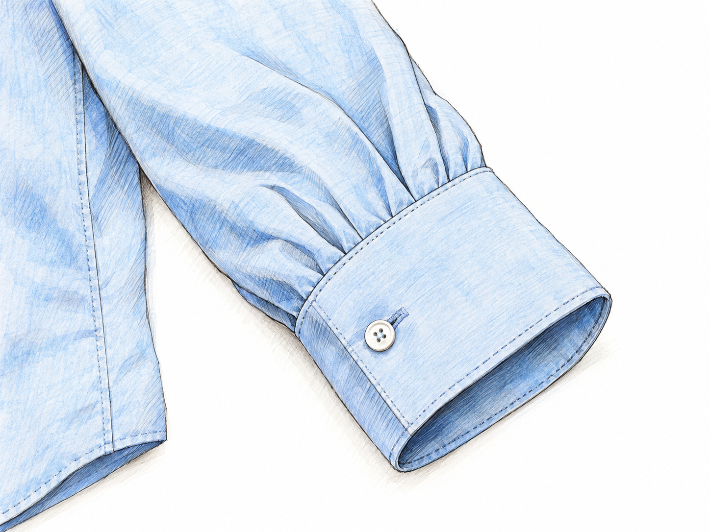Close-up of a shirt sleeve ending in a clearly defined, buttoned wrist cuff, with the rest of the empty shirt only partly visible.