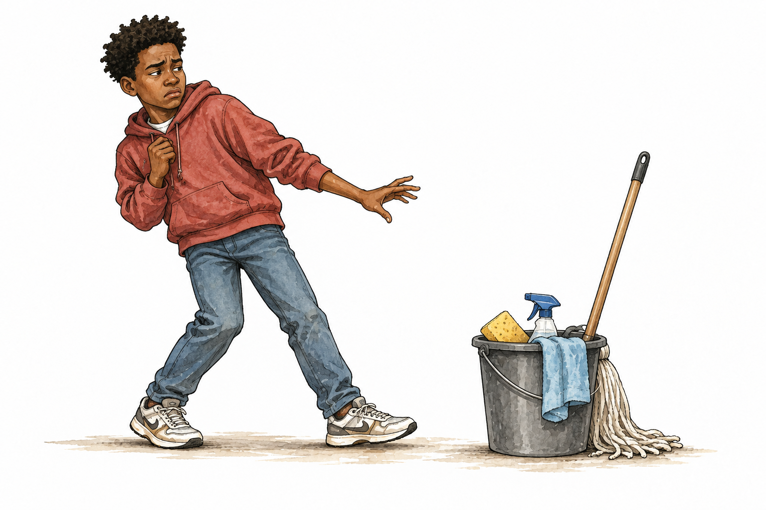 Black teenager reluctantly approaches a chore bucket, hesitant posture and reluctant expression.
