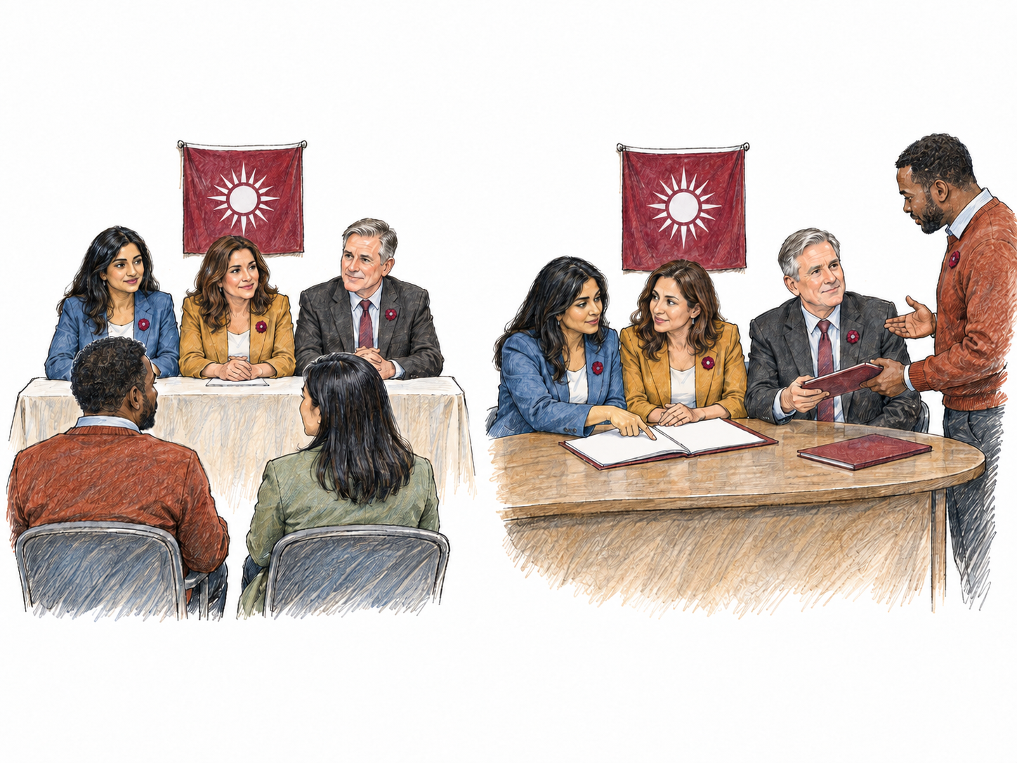 A compact two-scene illustration shows the same three-person political leadership committee presiding over delegates and then conducting executive business together in a smaller working session.