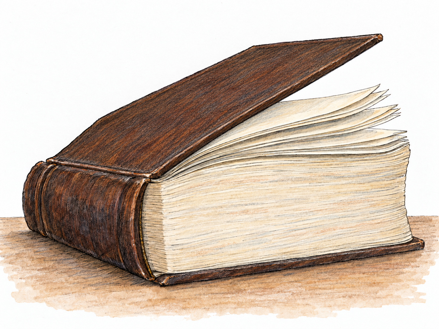 A single massive scholarly book rests partly open on a plain tabletop, its thick page block, broad covers, and substantial binding making its size and weight unmistakable.