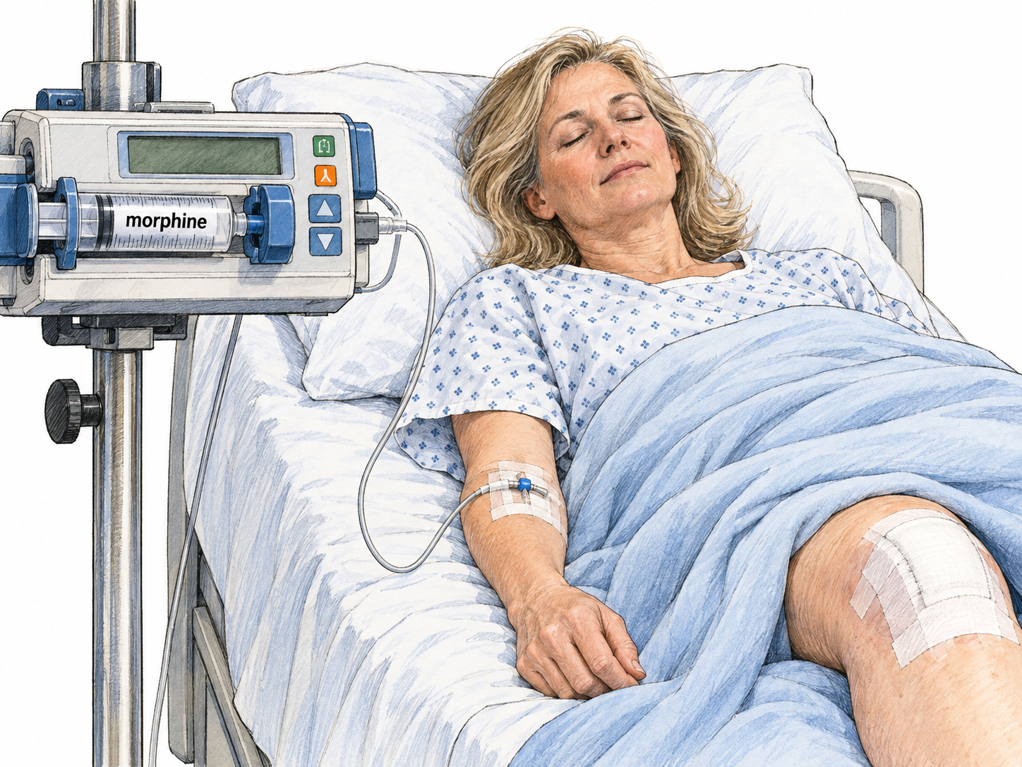 A morphine pain-relief pump connected to a resting postoperative patient, with the drug name appearing only on its intrinsic medication label.