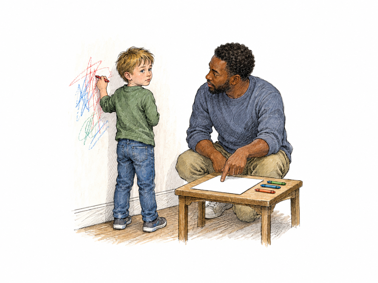 Child scribbles with crayon on a wall beside clean paper while caregiver calmly indicates paper instead; rule-breaking behavior without humiliating expression.