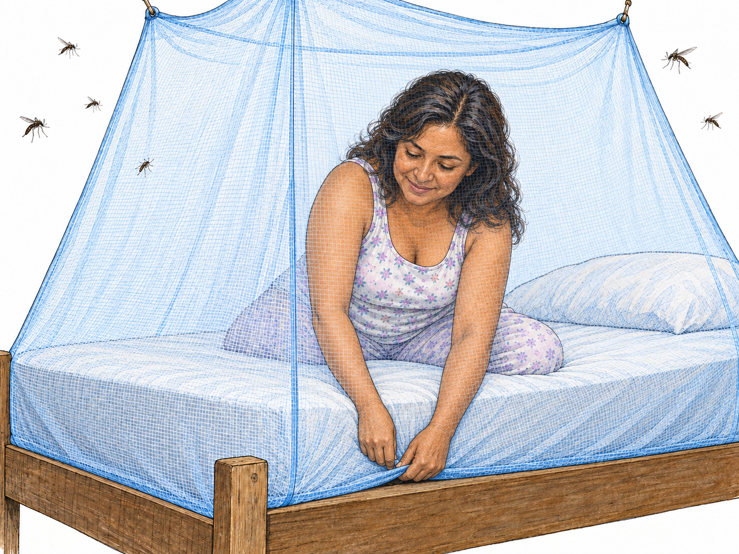 A woman secures an intact mosquito bed net around her sleeping space while mosquitoes remain outside the mesh, visibly demonstrating a physical measure that prevents exposure to disease-carrying insects.
