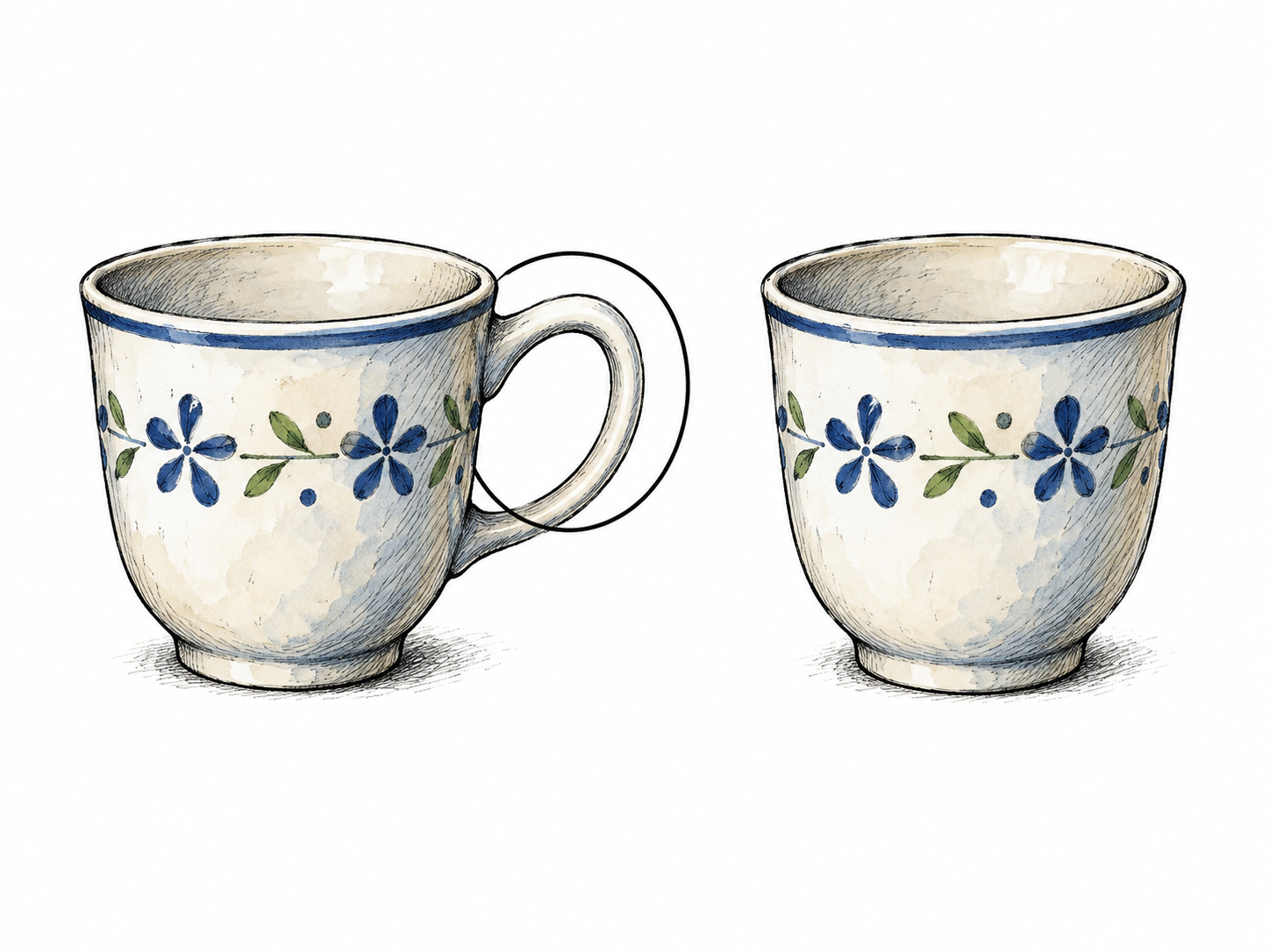Two otherwise similar ceramic cups side by side, one has a loop handle and the other no handle; small ink circle emphasizes clear distinguishing difference, no words.