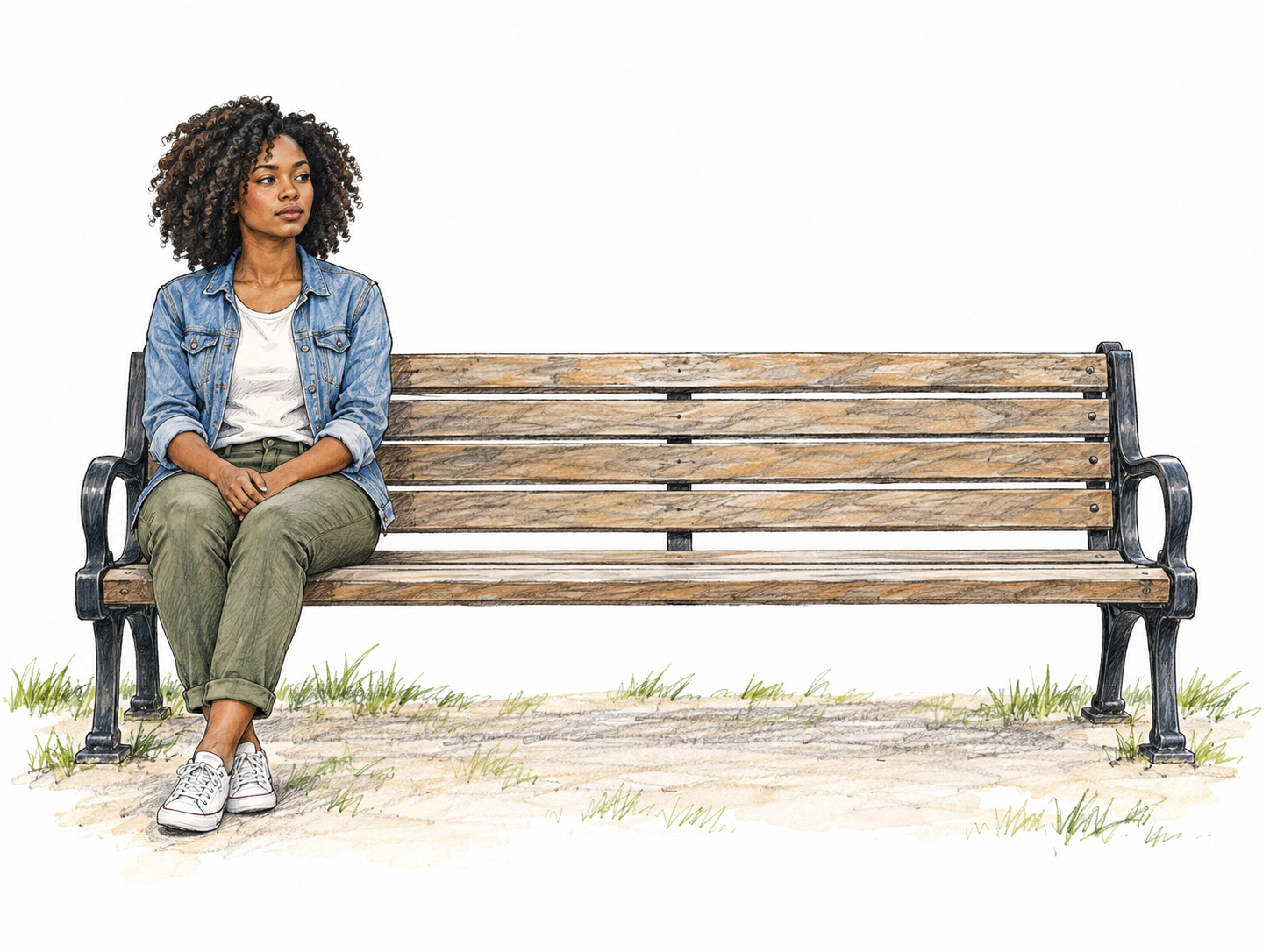 A single woman sits on an isolated park bench, surrounded by open space, with no other people present.