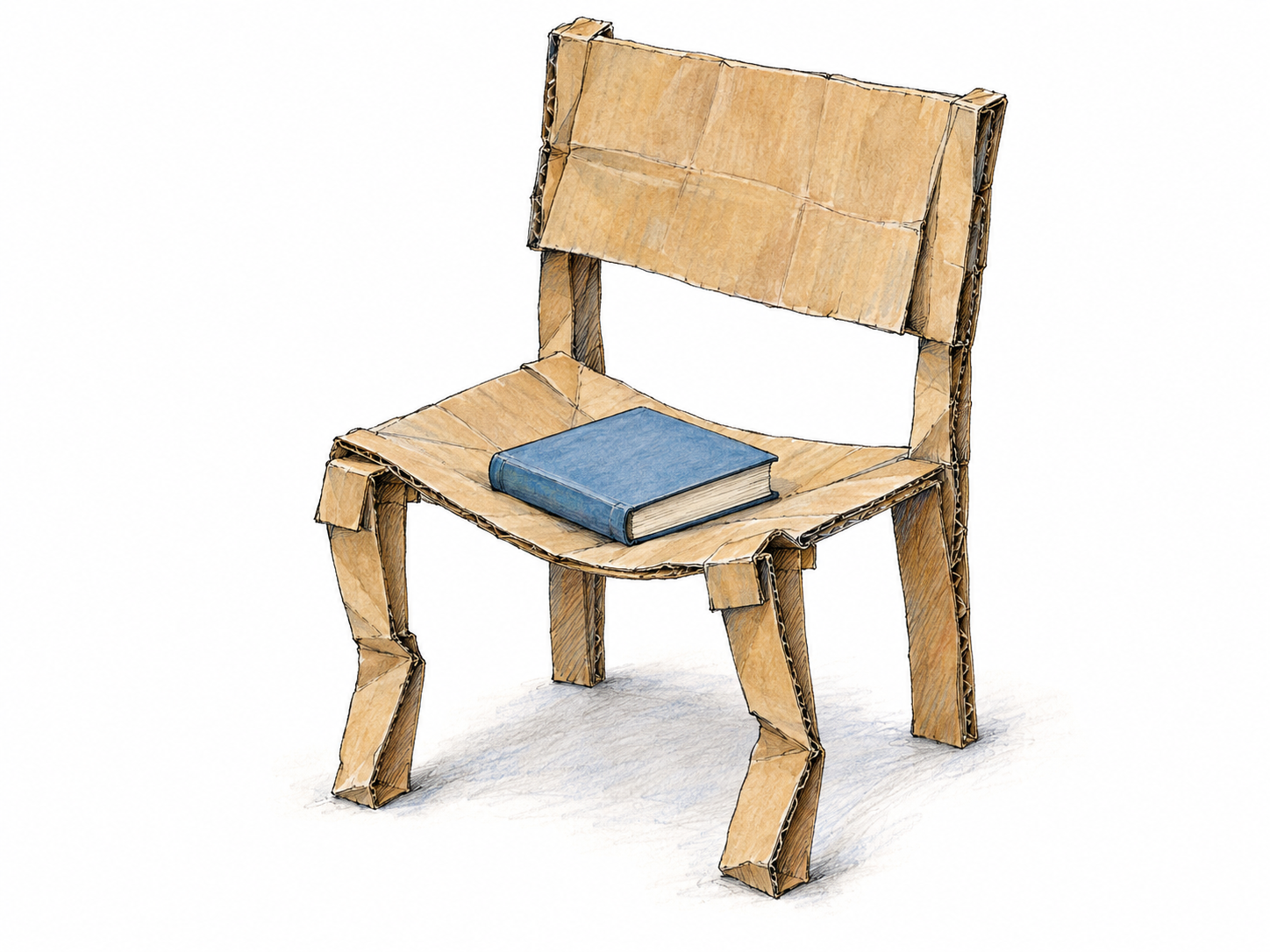 A flimsy chair made from thin cardboard sags and buckles beneath a single small closed book, showing its lack of strength and solidity.