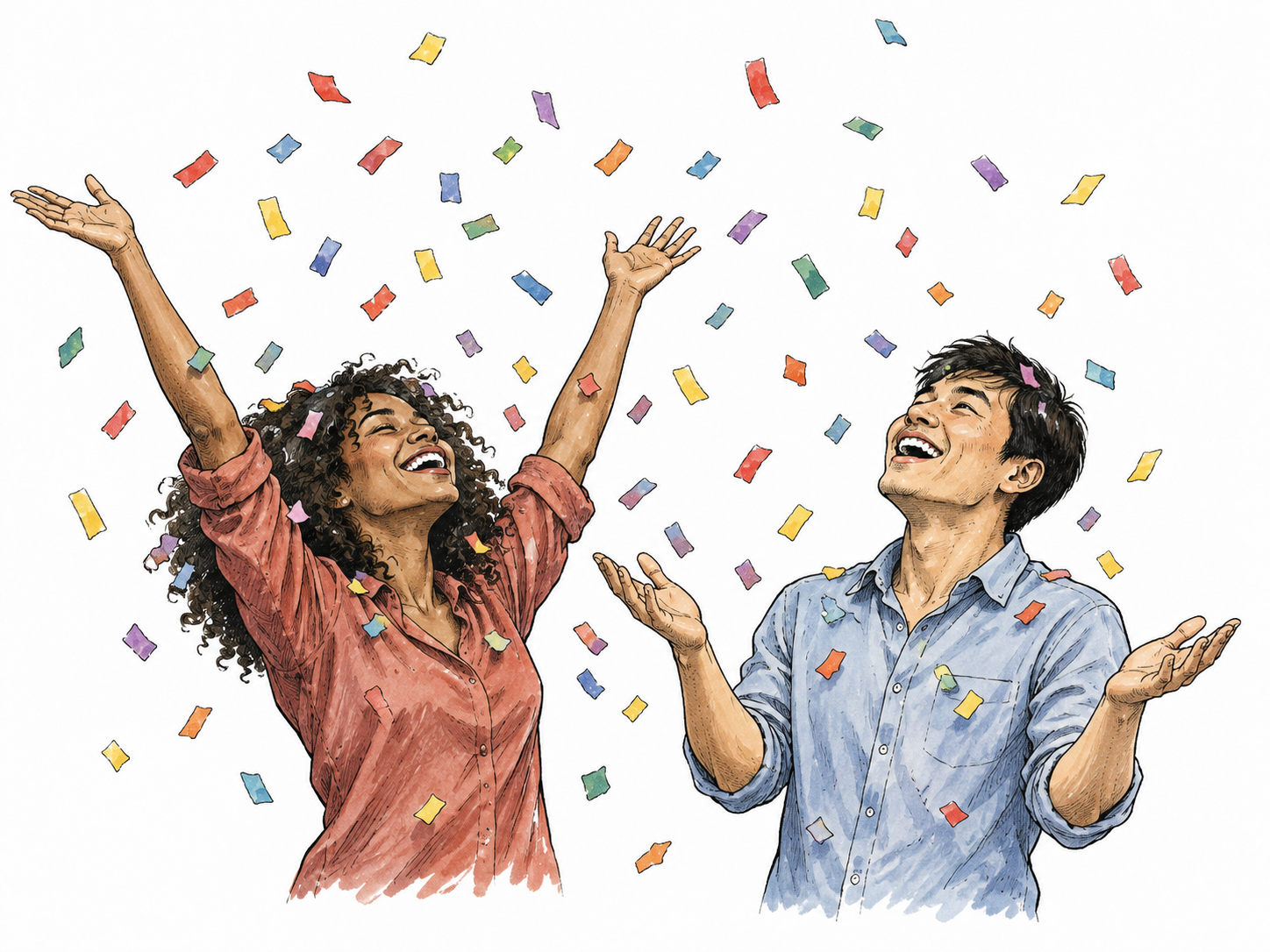 Small multicolored paper confetti falls over two celebrating adults of different ethnicities.