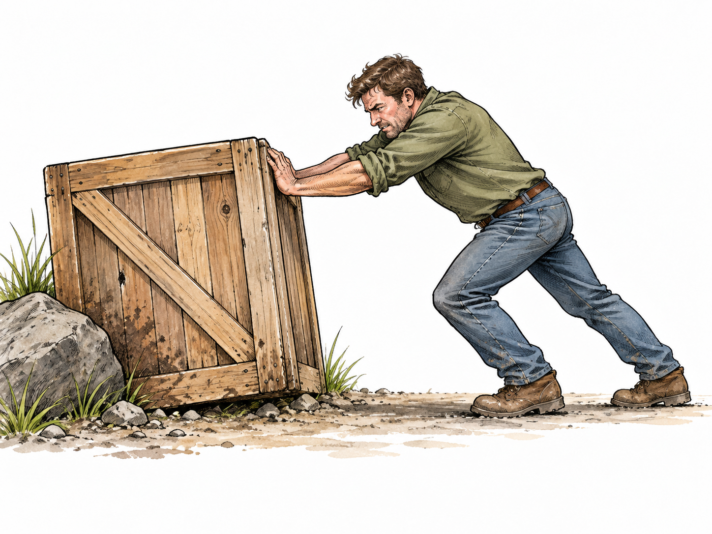 White adult shoves stuck wooden crate forward with both hands.