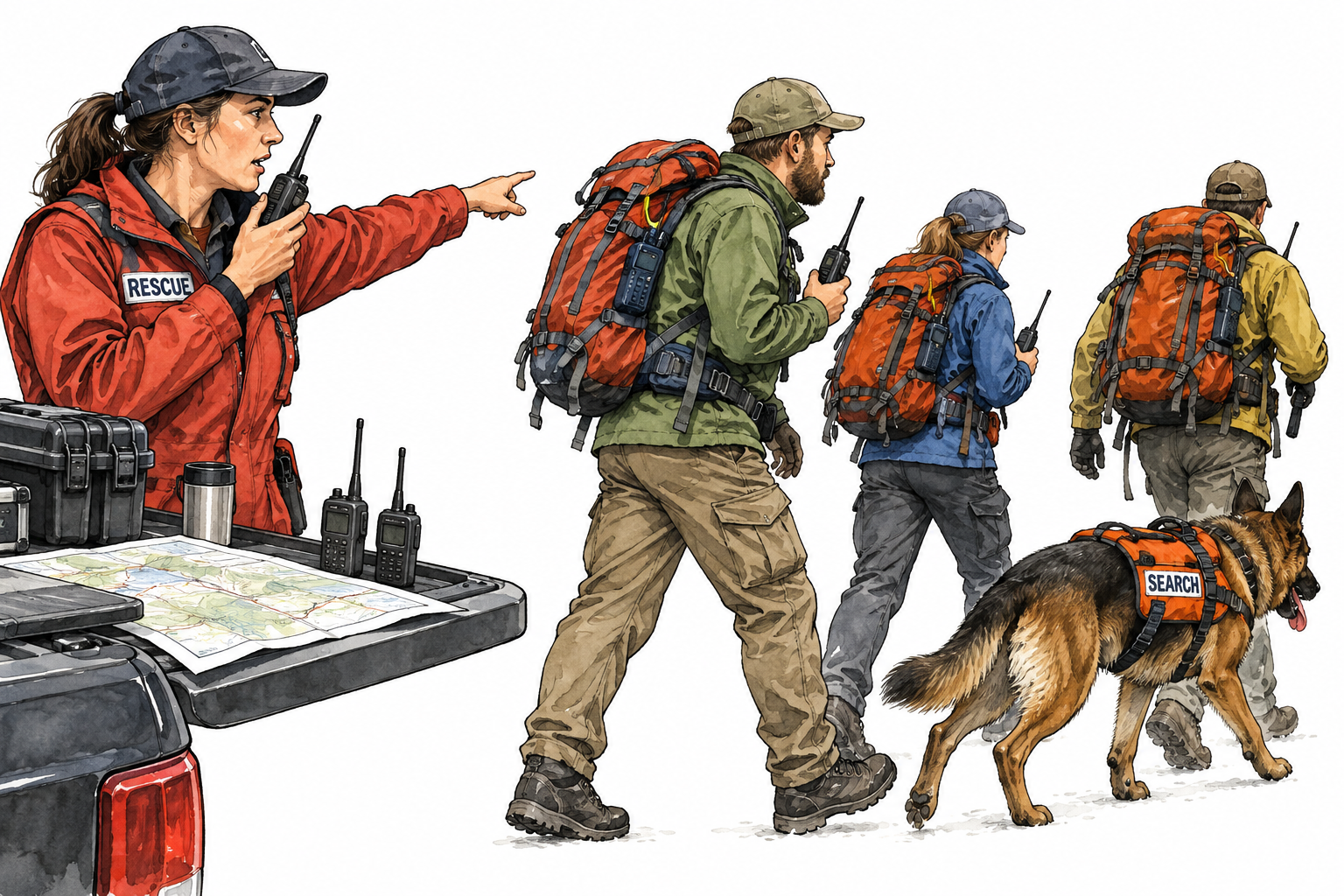 Rescue coordinator sends search team with radios and equipment into field, active purposeful use.