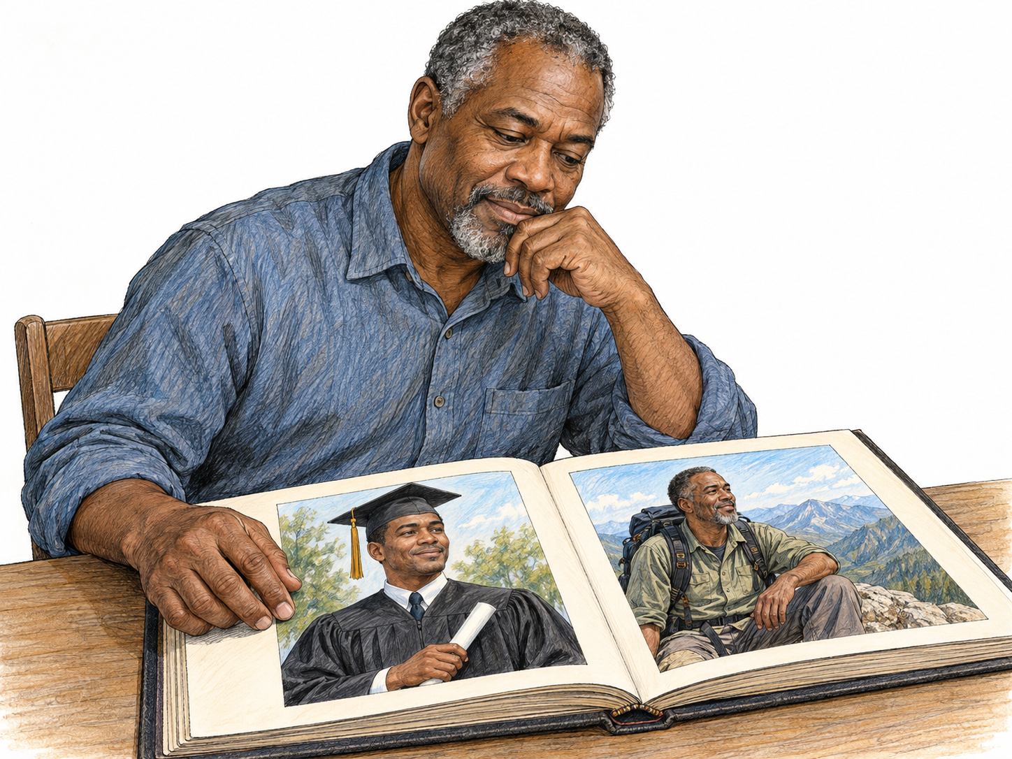 A middle-aged man thoughtfully reviews an open photo album showing recognizable earlier stages of his own life, making consideration of past events visible.