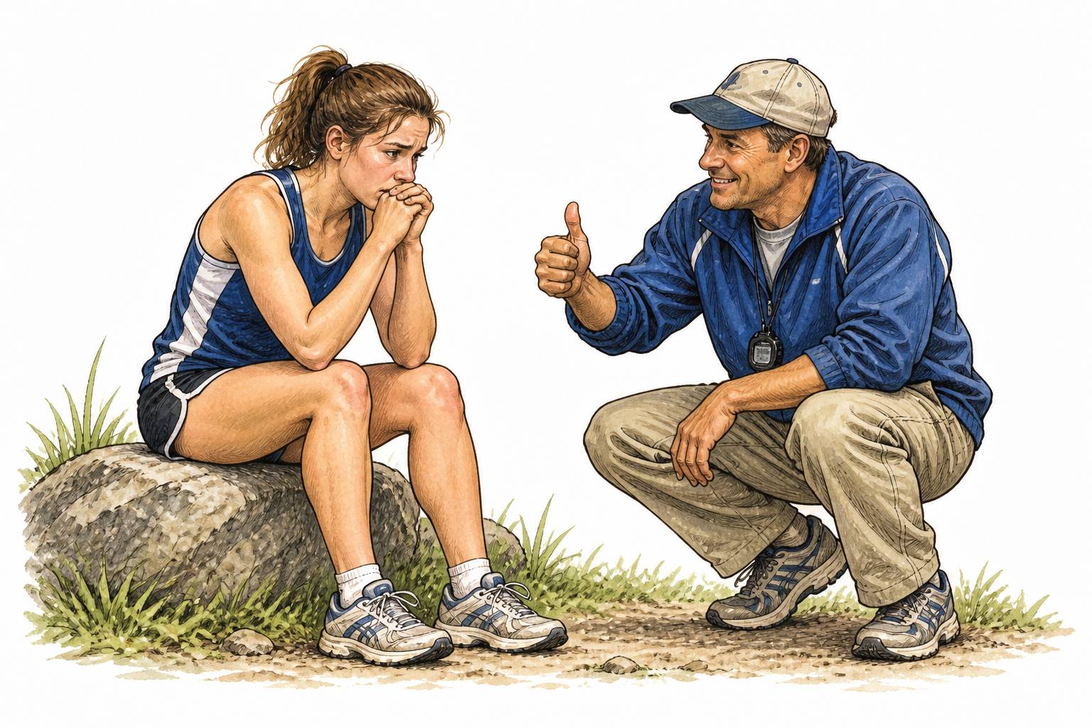 A coach offers a supportive thumbs-up to an anxious young adult athlete, encouraging positive affirmation.