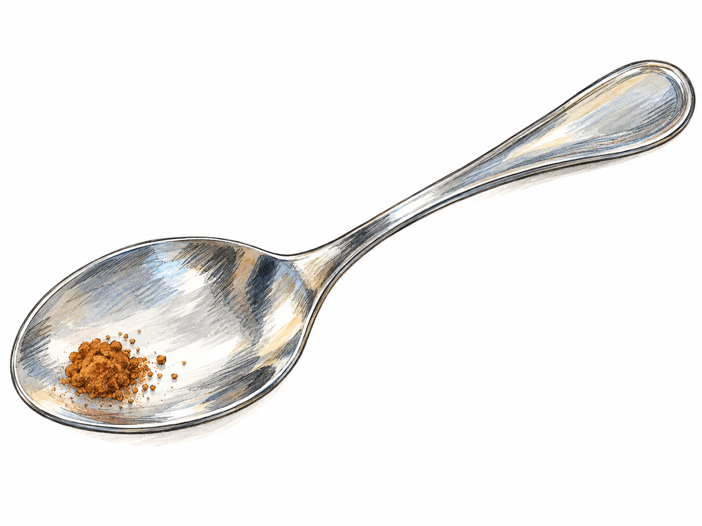 A nearly empty teaspoon holds just a tiny pinch of ground cinnamon, with its broad bare bowl providing an immediate scale comparison for the very small amount.