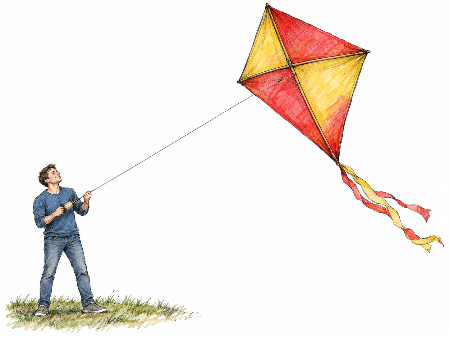 A man flies a diamond-shaped kite whose translucent covering reveals its lightweight crossed frame; a clearly continuous string connects the airborne kite to his hand-held reel.