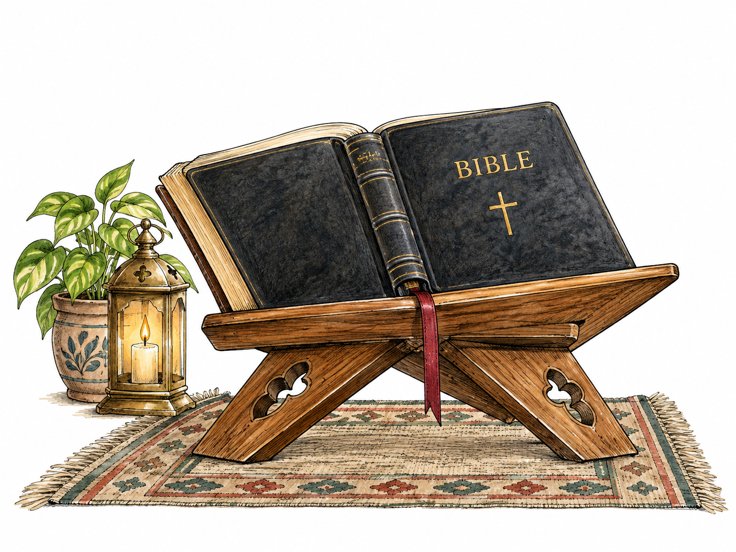 A respectful close view of an open sacred book resting on a wooden reading stand in a quiet prayer room, only the short functional cover word BIBLE, no readable passages.