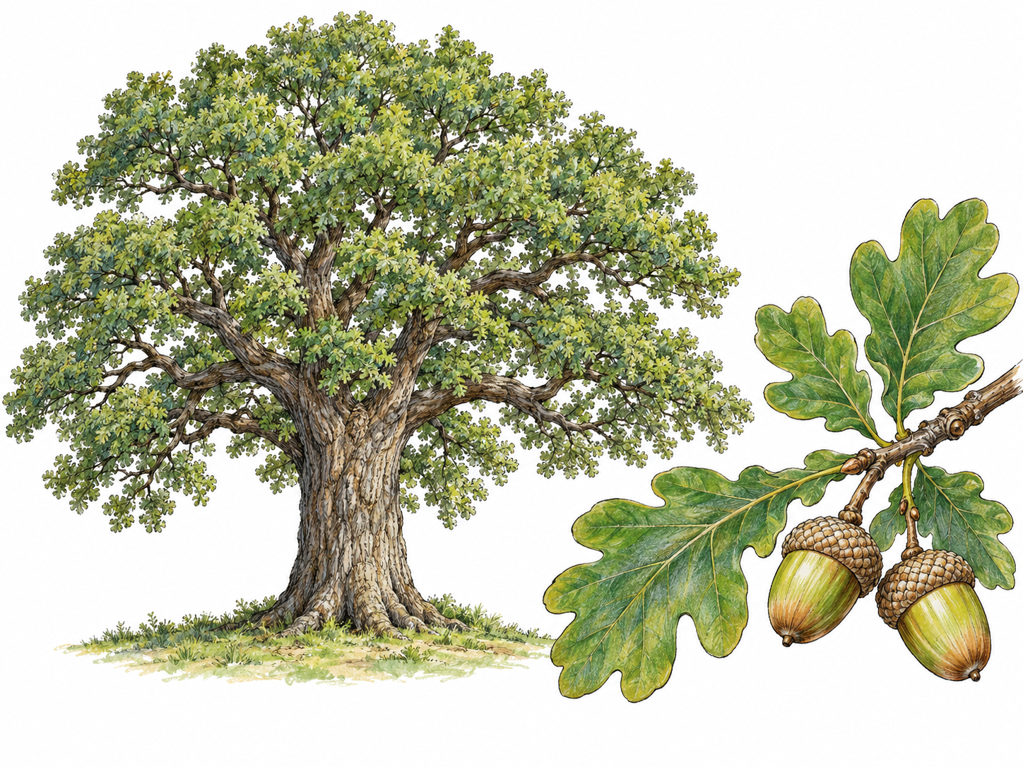 A mature oak tree with a broad spreading crown and rugged trunk, paired with a foreground close-up of an oak twig bearing lobed leaves and acorns in textured cups.