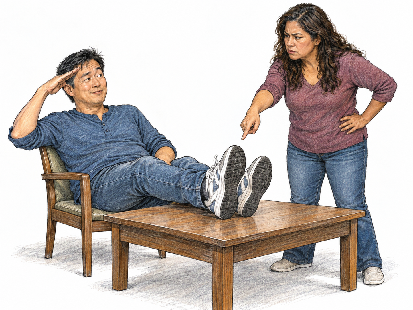 A casually seated man answers a woman's stern indication to remove his shoes from the table with an exaggerated mock salute and a cheeky smirk.