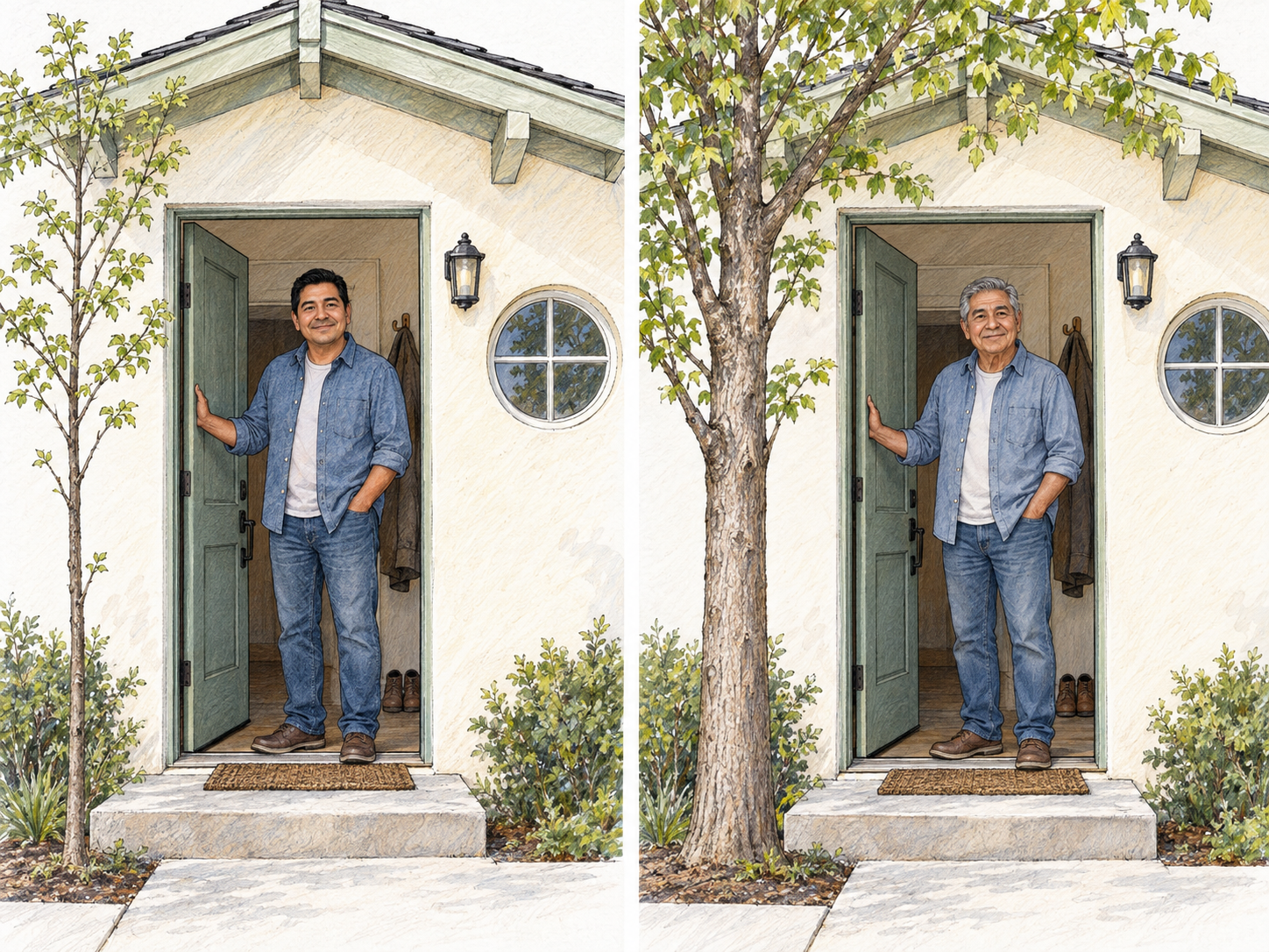 A permanent residence shown through a compact two-view sequence: the same man at the same distinctive home in middle age and again in later life, with a young front-yard tree now mature.