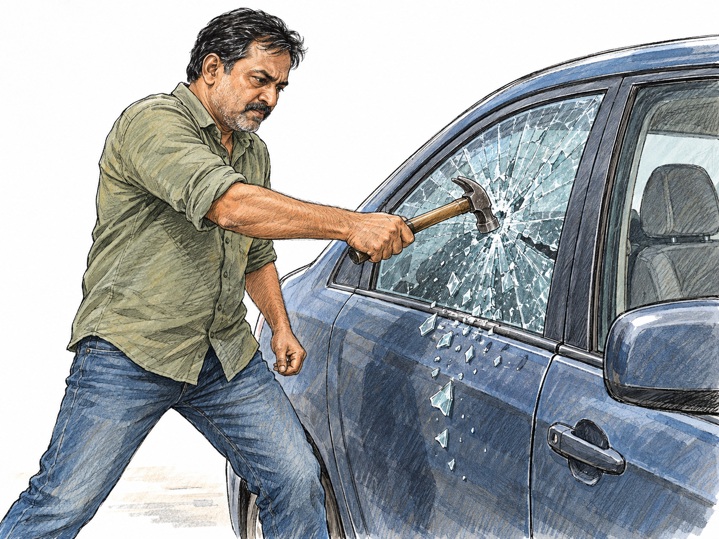 A vandal caught in the act of deliberately smashing the side window of a parked car: the hammer is contacting the glass as cracks spread and fragments fall.