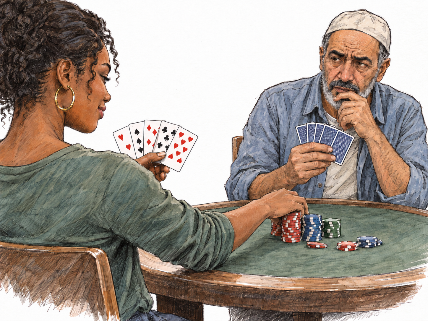 At a small modern poker table, a player confidently pushes forward a large stack of chips while concealing a weak hand.