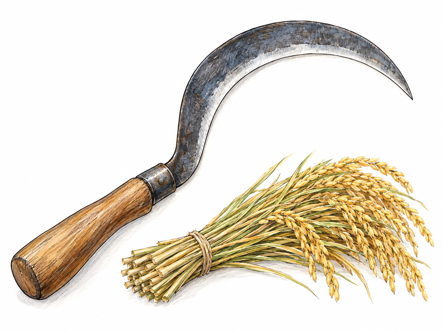 A single traditional hand sickle, its short wooden handle and strongly curved steel blade clearly visible, beside a small bundle of freshly cut grain stalks.