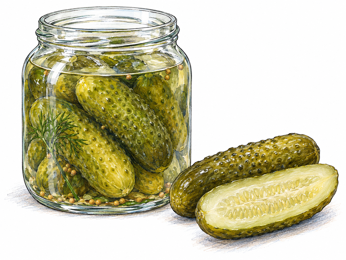 An open glass jar of whole pickled cucumbers submerged in pale brine, with one olive-green pickle and a cut half beside it.