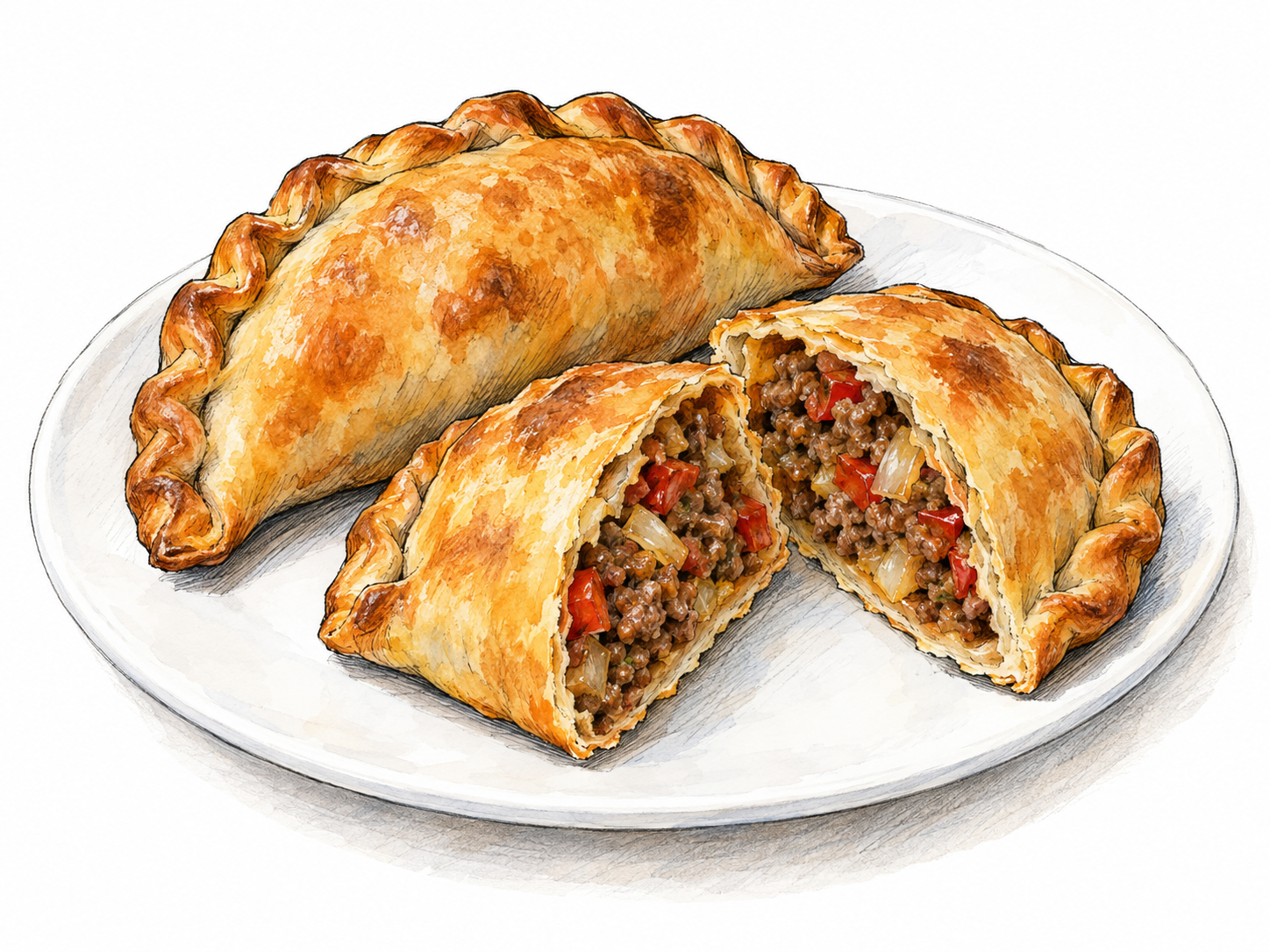 A golden half-moon empanada with a clearly crimped edge, beside a second empanada cut open to reveal savory filling enclosed in pastry.