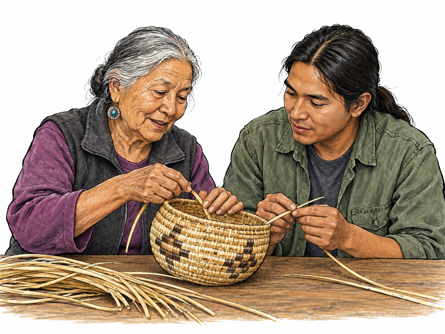 A respected older adult teaches a younger adult how to repair a woven basket, both attentive equals at a small table.