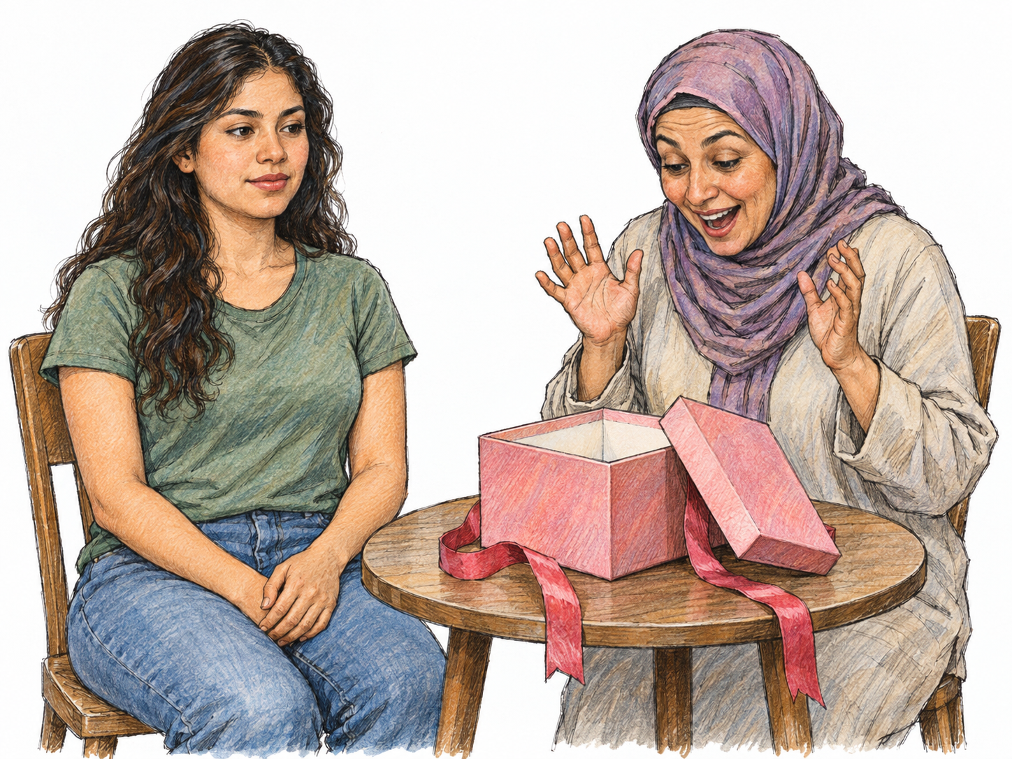 A young woman remains quietly impassive as an older woman beside her reacts with delighted surprise to an open gift box.