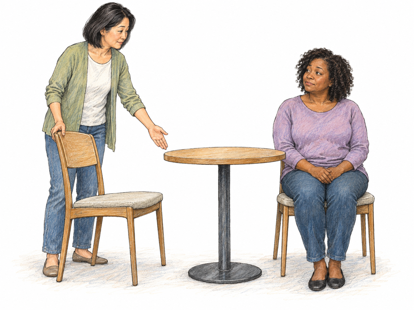 At a small shared table, one woman indicates a chair's new position while the other quietly accepts the change with a small reluctant nod, relaxed hands, and no attempt to intervene.