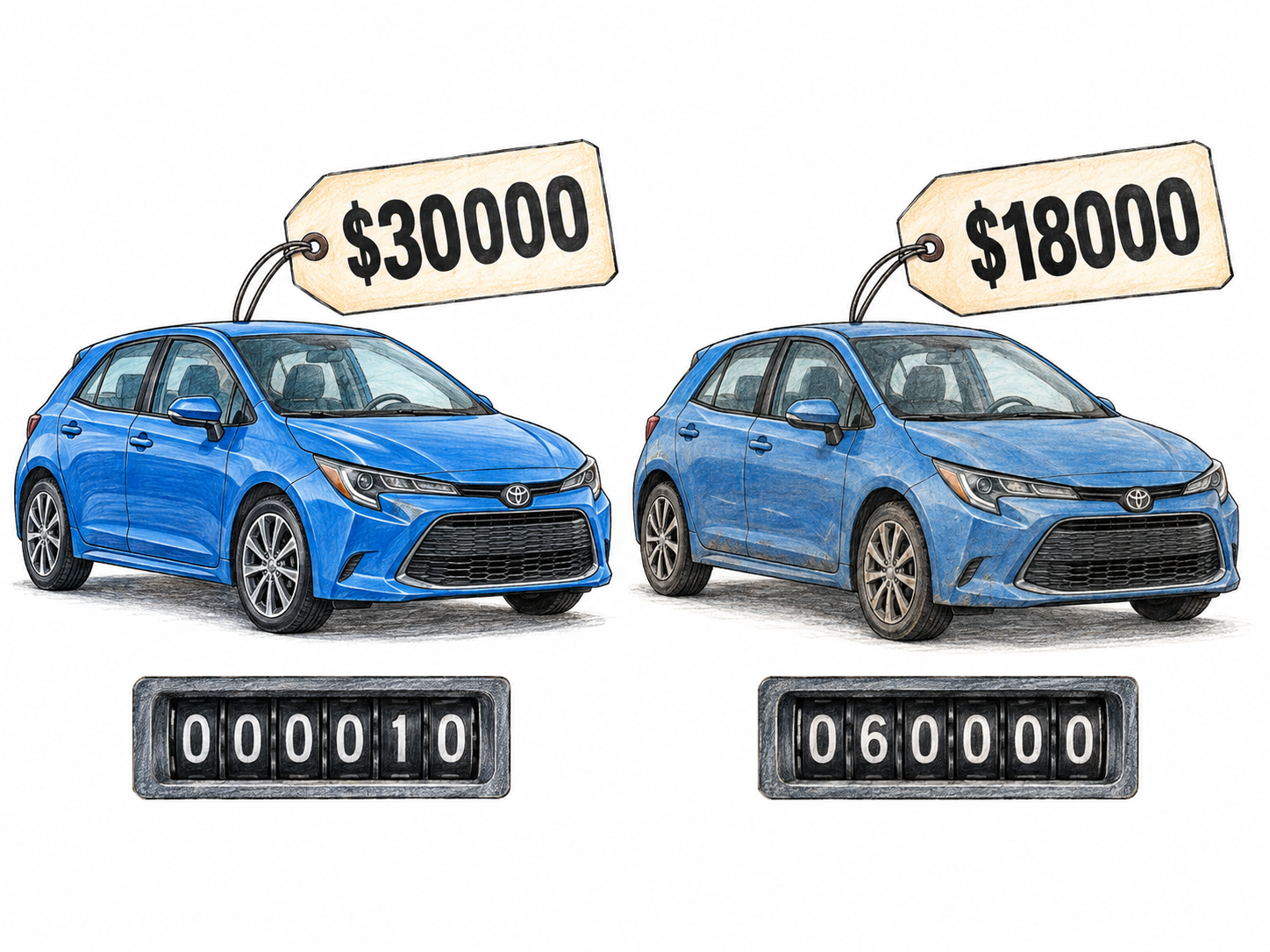 Two successive views of the same car show depreciation: a pristine, nearly unused car with a higher price tag, followed by the visibly older, high-mileage car with a lower price tag.