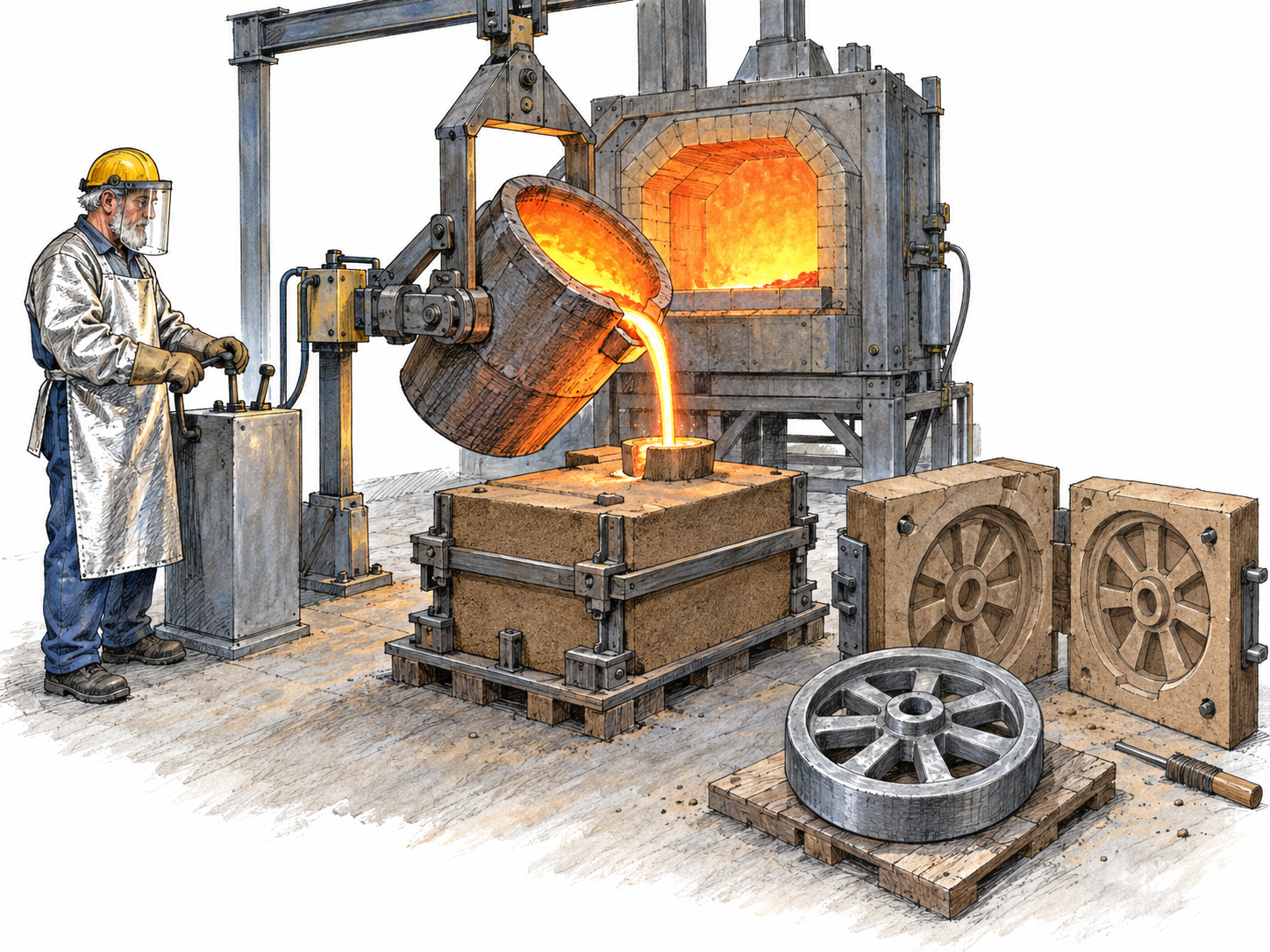 A compact modern foundry cutaway showing a melting furnace, a mechanically tilted ladle pouring glowing molten metal into a casting mold, and a cooled metal casting beside an opened matching mold.