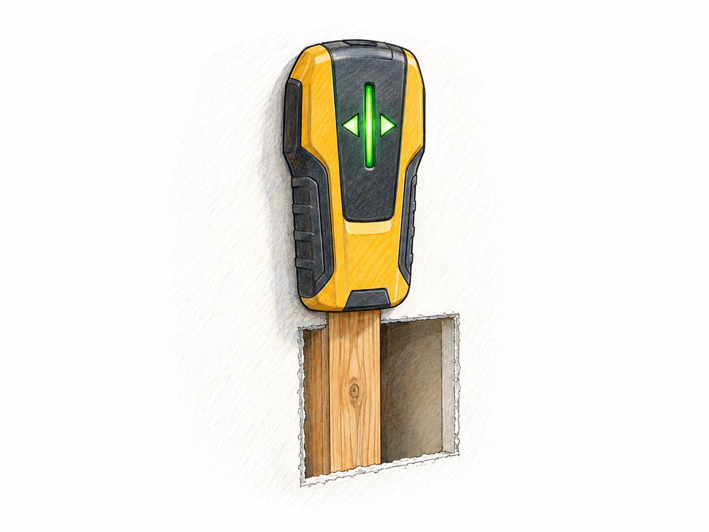 A handheld electronic stud locator pressed against a wall indicates the position of a concealed wooden stud.