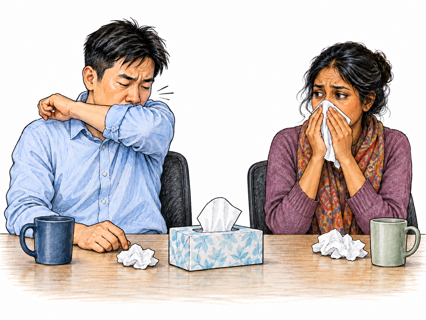 Two coworkers sit apart with tissues and matching mild cold symptoms, one coughing into an elbow while the other holds a tissue; restrained non-graphic everyday illness and a plain table.
