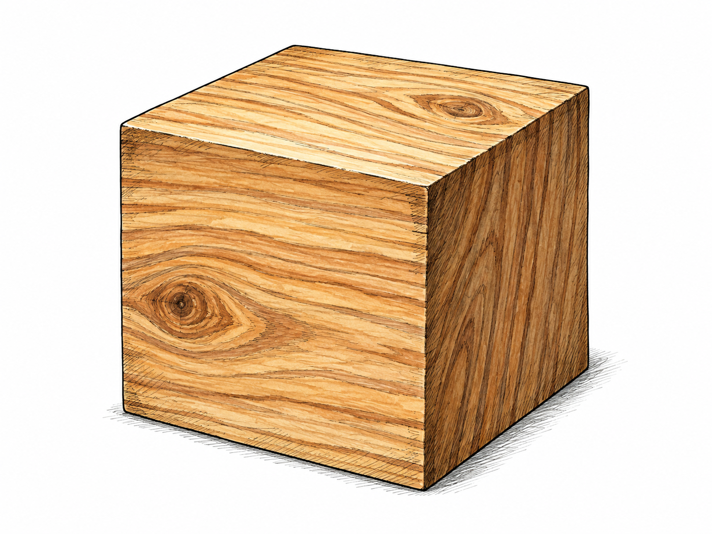 A single substantial cube of wood with clear grain and crisp solid edges rests on white.