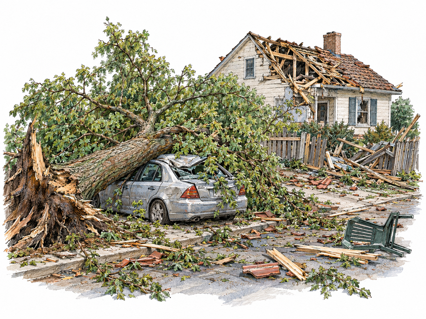 A compact storm-wrecked residential street: a fallen tree crushes a parked car, a house has a torn-open roof, and broken fence panels and scattered household debris extend across the scene, making widespread destruction immediately visible.