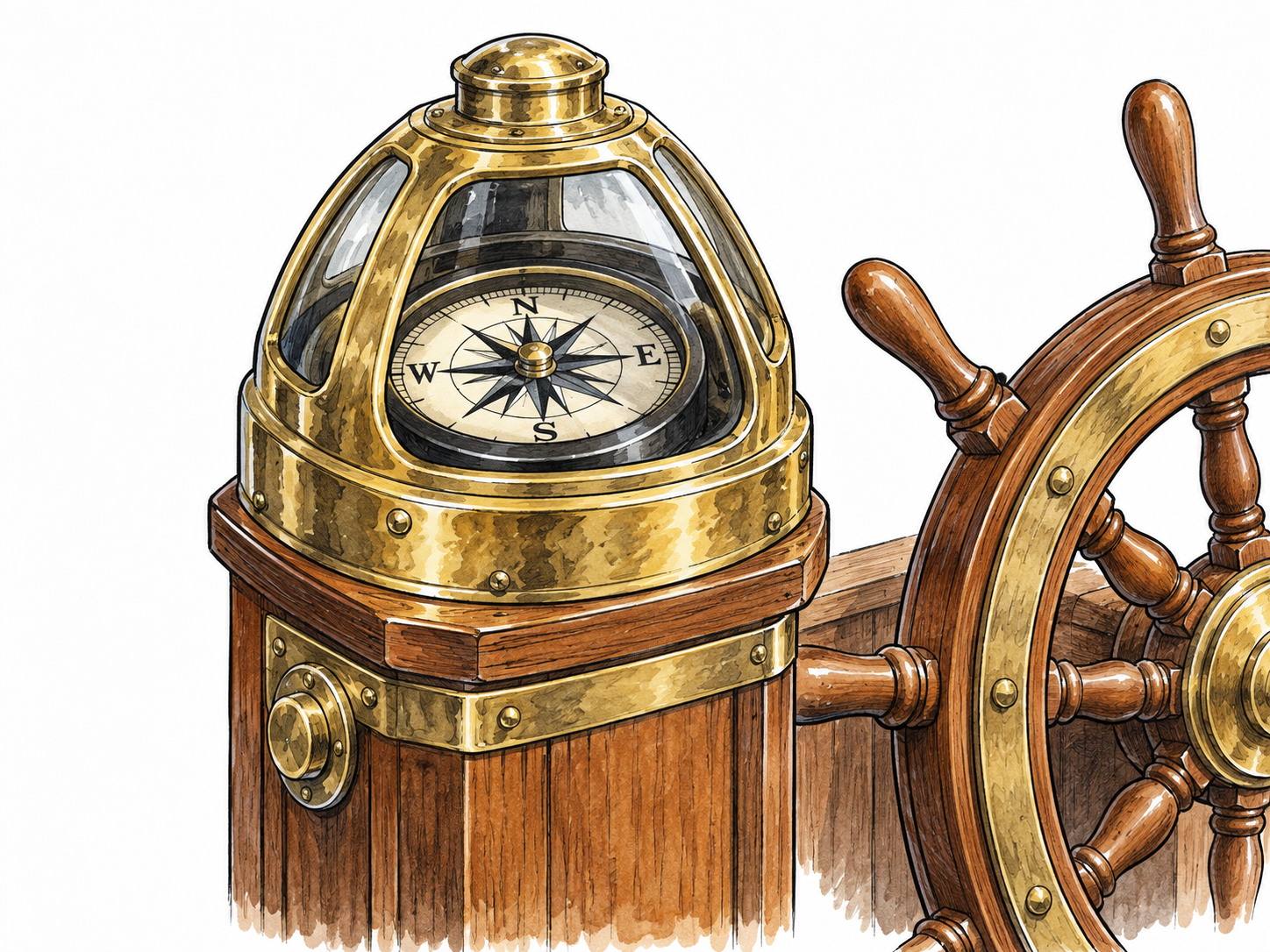 Close three-quarter view of a traditional ship's wooden and brass binnacle on deck: compass clearly enclosed in a glazed brass hood mounted on a sturdy wooden pedestal, with adjacent ship wheel for scale.