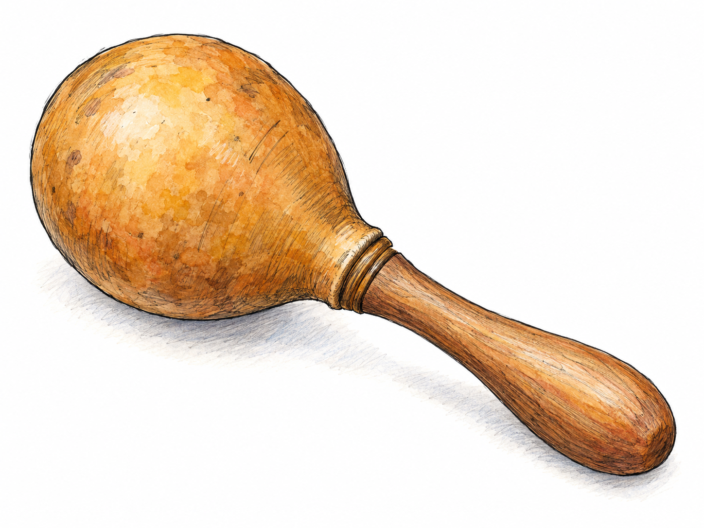 A single gourd maraca with a rounded hollow body and short wooden handle, shown diagonally in a clear three-quarter view.
