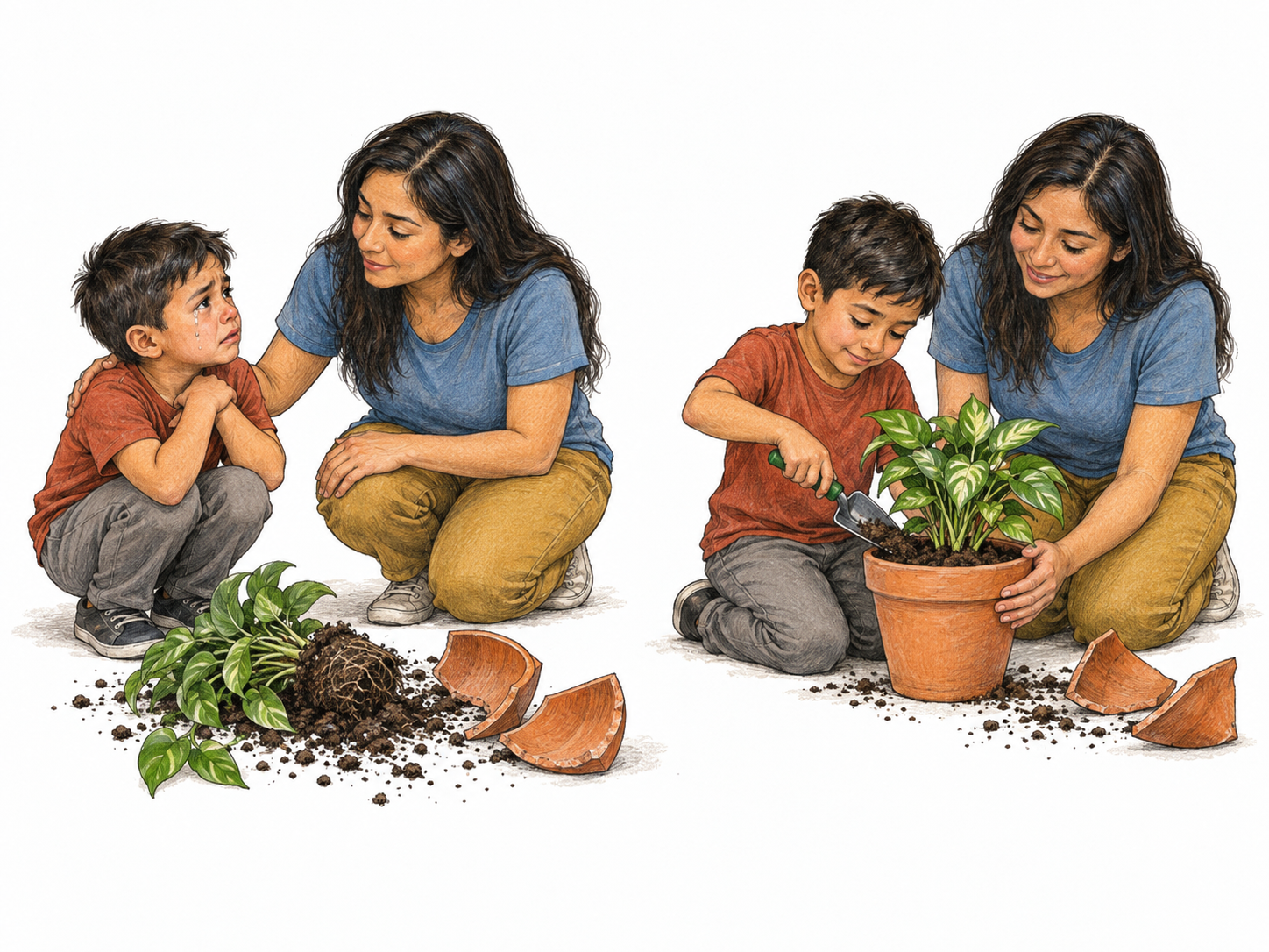 Wise judgment shown through a constructive response to a child's mistake: an adult first reassures the distressed child, then helps the child take responsibility and restore a damaged plant rather than merely scolding or taking over.