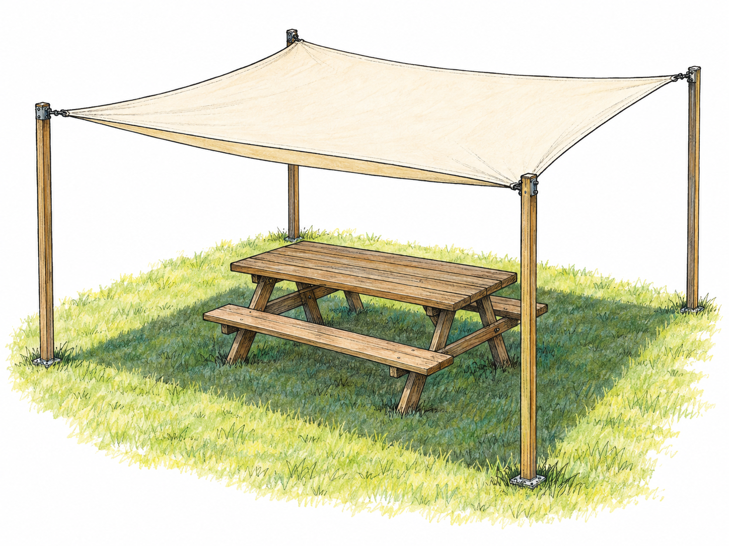 An open-sided fabric canopy stretched over a picnic table, with a clear patch of shade beneath it and sunlit grass outside.