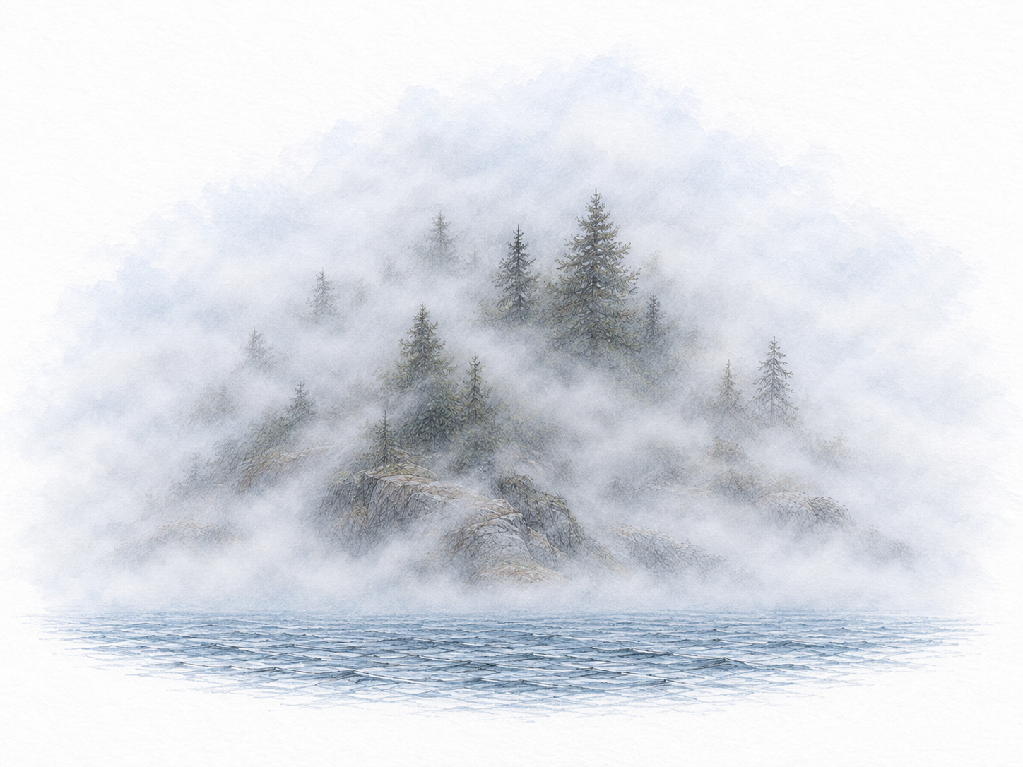 A dense bank of fog envelops a small wooded island, surrounding it on every side and veiling even the treetops; the entire island remains only faintly visible through the mist.
