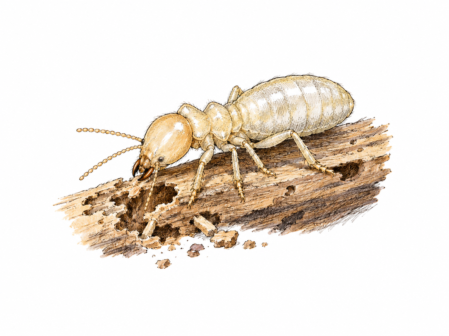 One accurately drawn pale worker termite on small chewed wood section, six legs, straight beaded antennae, broad waist, soft pale abdomen, no wings or ant-like narrow waist.