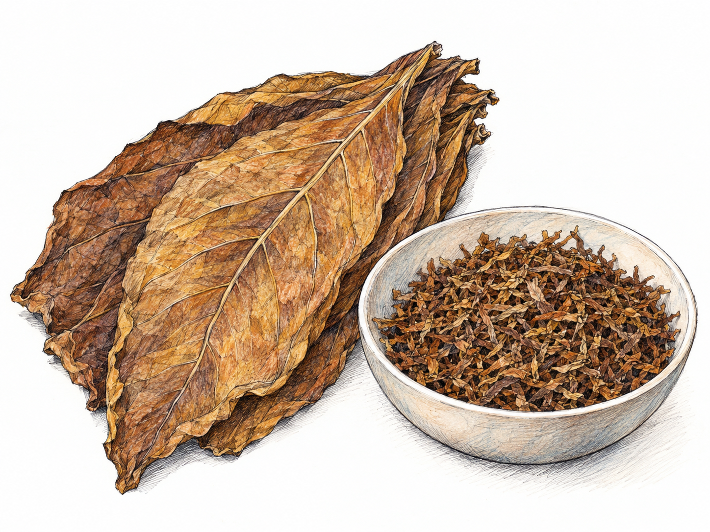 A small bundle of cured tobacco leaves beside a shallow, unmarked dish of finely shredded dried tobacco, showing the prepared material rather than its use.