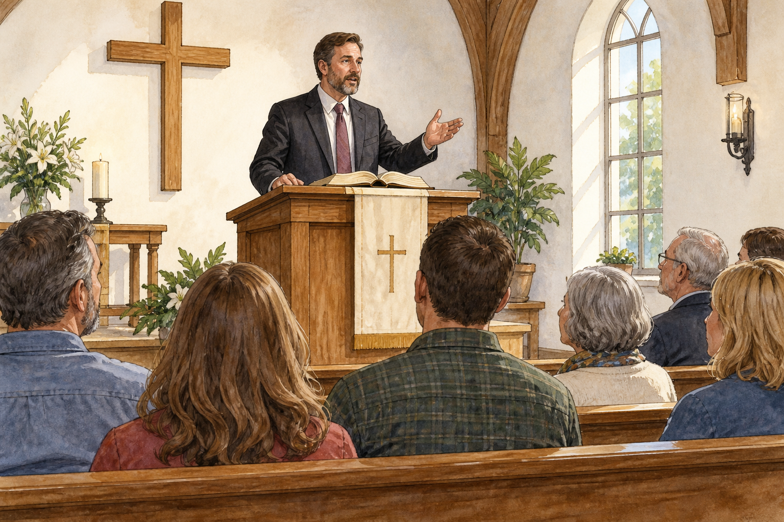 A religious speaker publicly delivers a sermon in a modest church to attentive adults, open book blank-looking, no words or slogans.